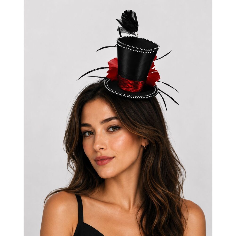 Black Mini Top Hat Fascinator Goth Red Feather Flower Burlesque NWT